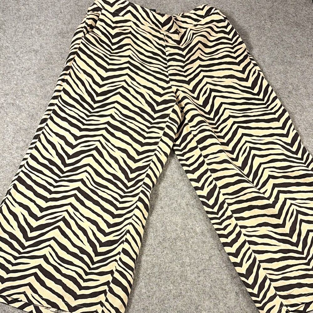 Tahari Zebra Print Linen Cropped Wide-Leg Pull-On Pants Pockets Women's M
